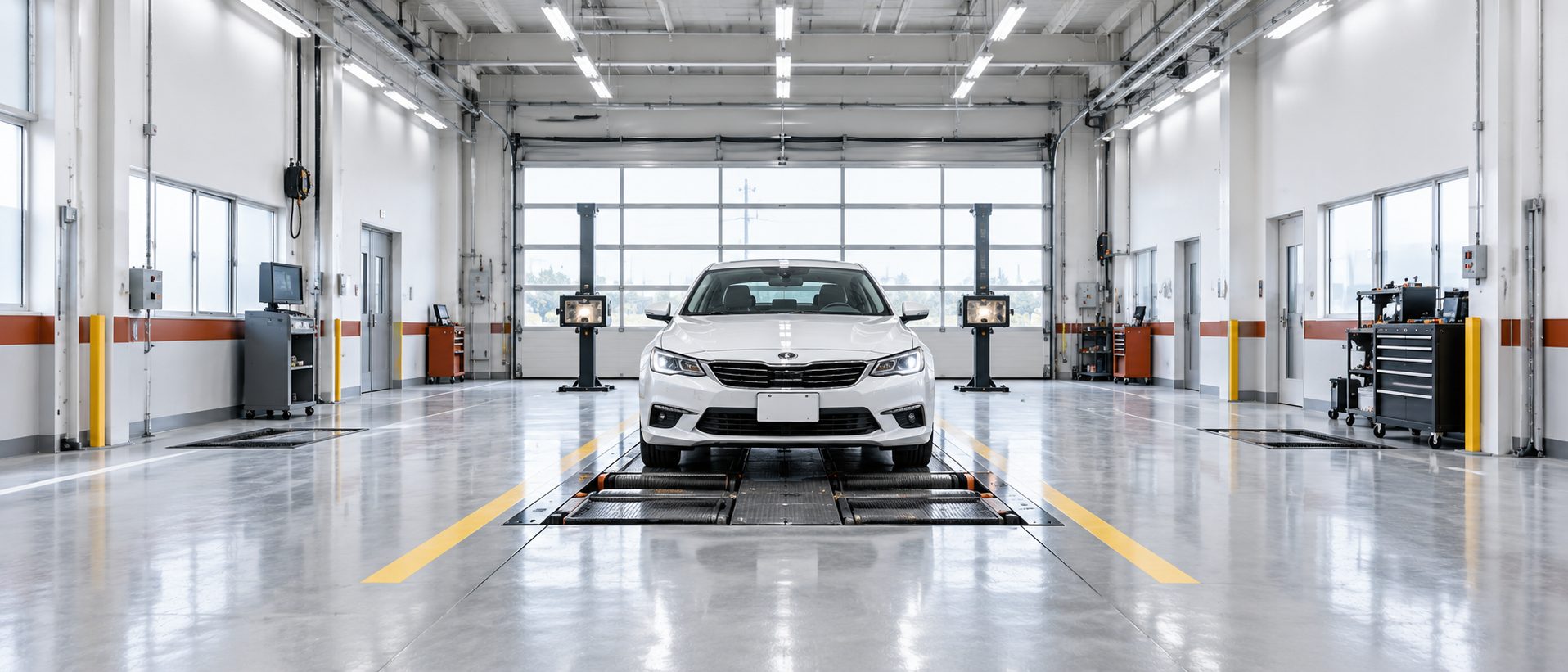 検査ラインのブレーキテスターに前輪を乗せた車