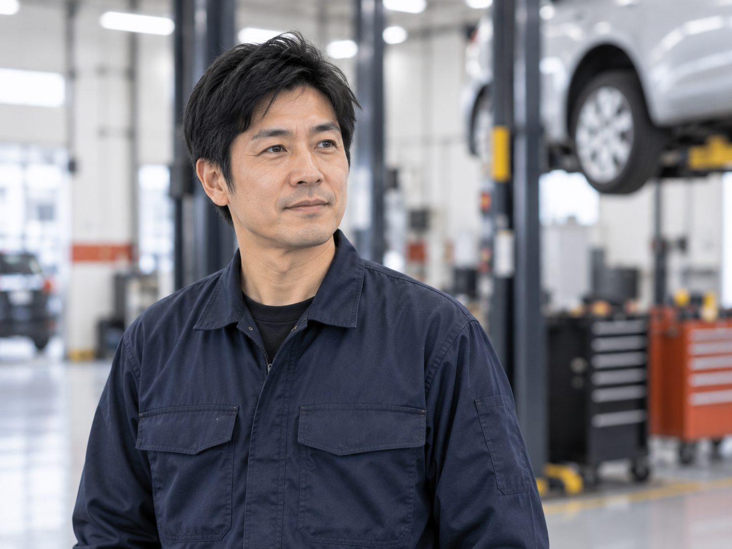 整備工場のリフトの脇に立つ作業着姿の整備士