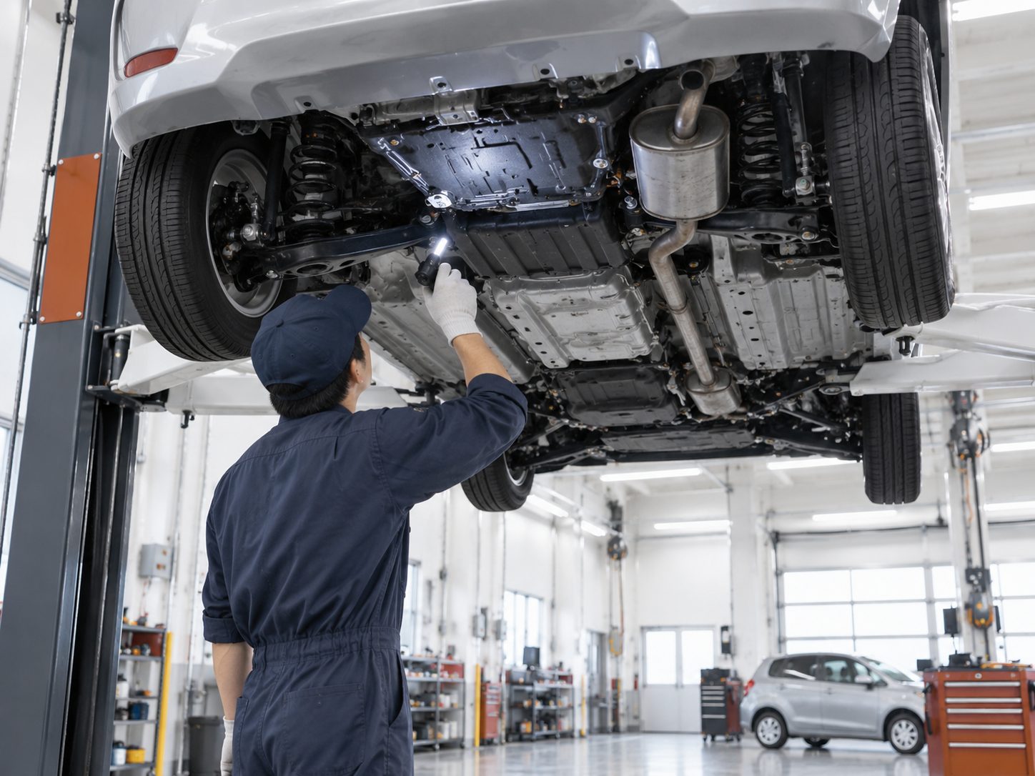 リフトで持ち上げた車の下廻りを点検灯で確認する整備士