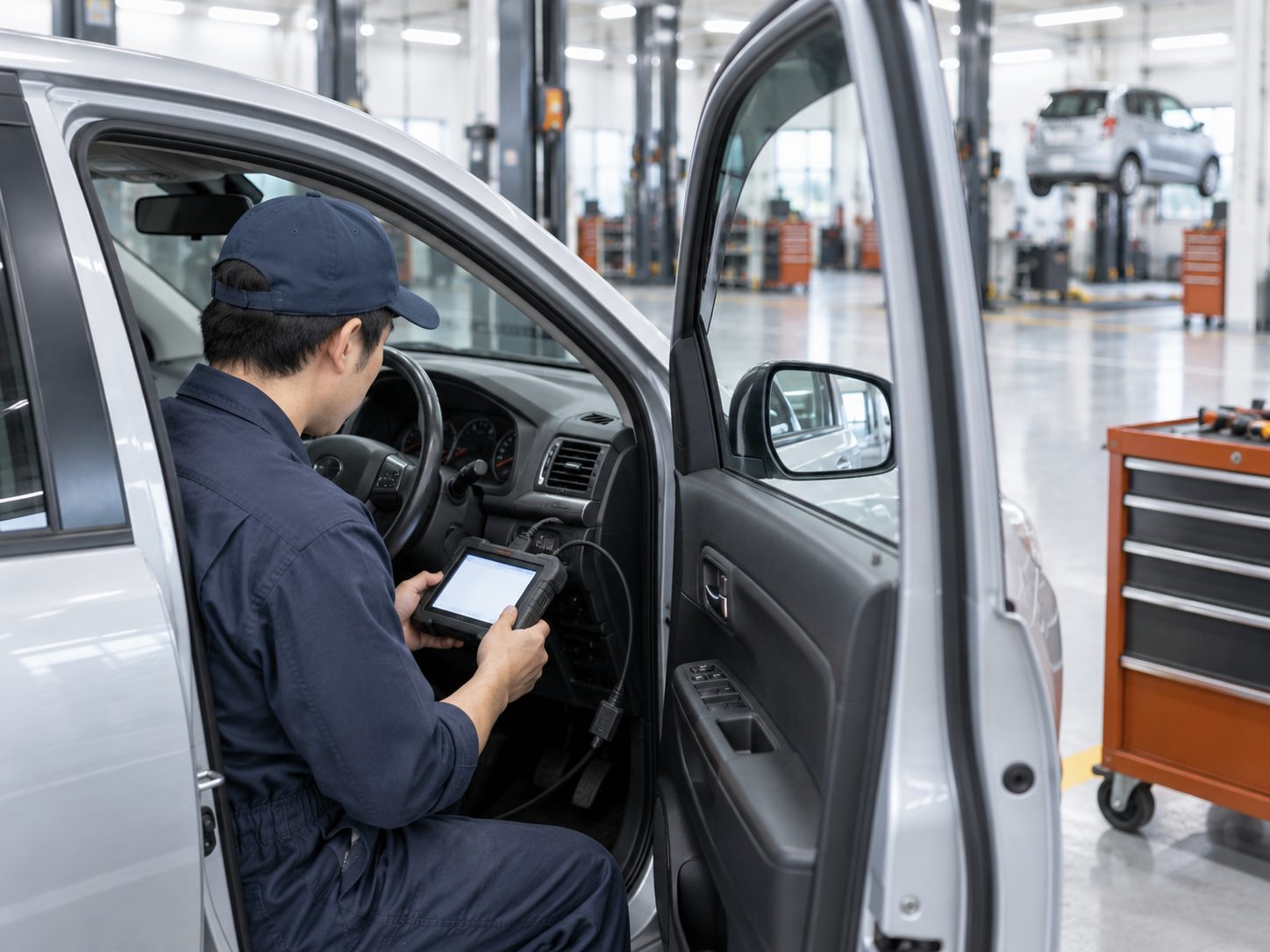運転席のコネクタにスキャンツールをつないでOBD診断を行う整備士