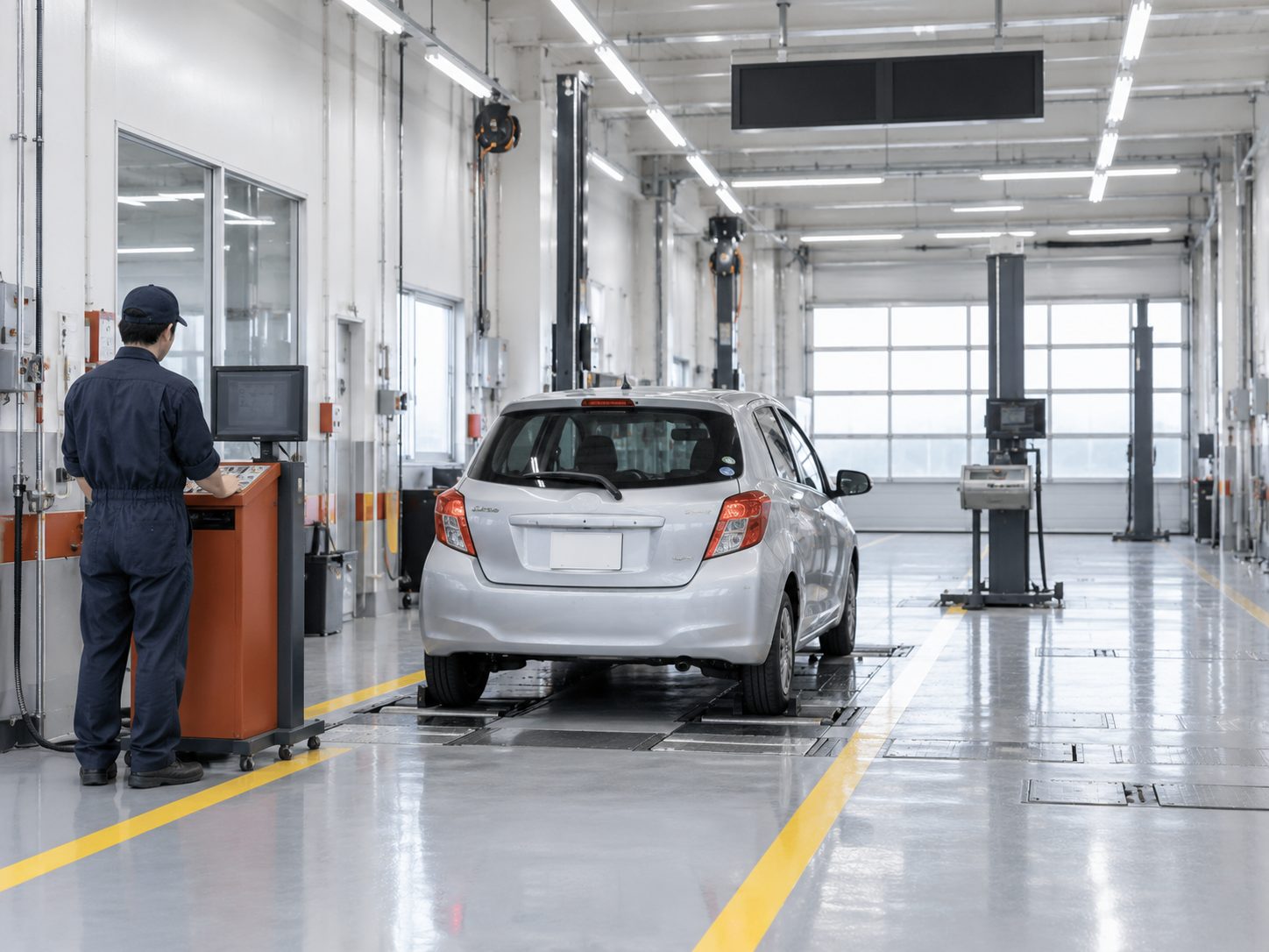 自社の検査ラインでブレーキテスターに車を乗せて完成検査を行う検査員