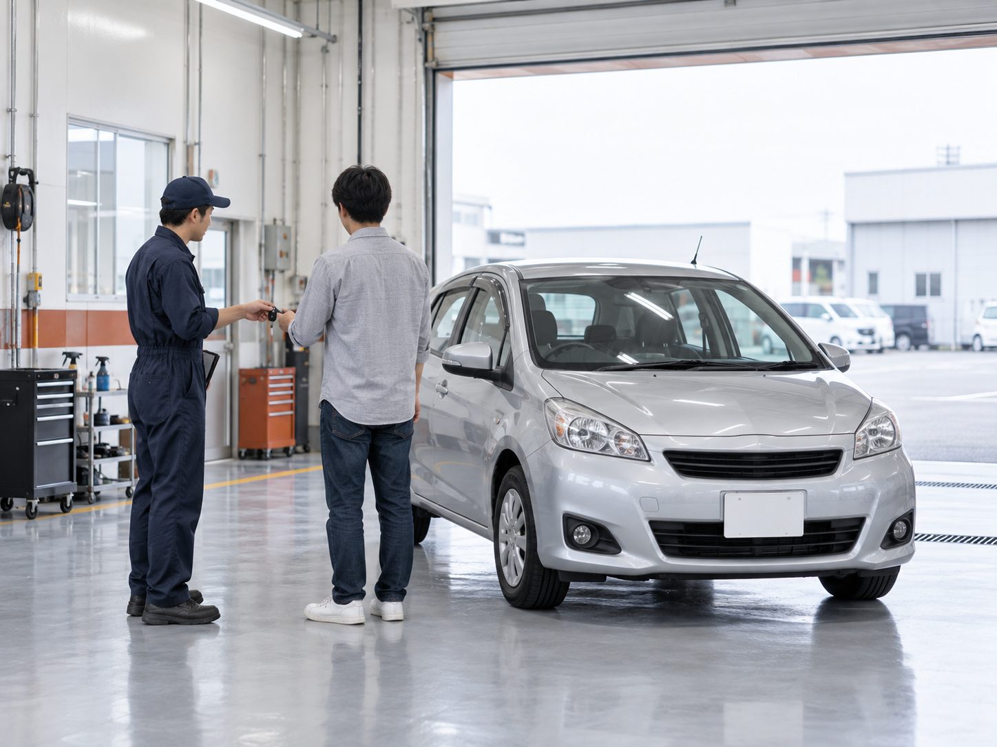 洗車を終えた車の前でお客様にキーを返す整備士